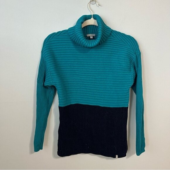 Talbots Teal Blue Navy Colorblock Ribbed Turtleneck Sweater Women’s Size Small - Picture 3 of 7